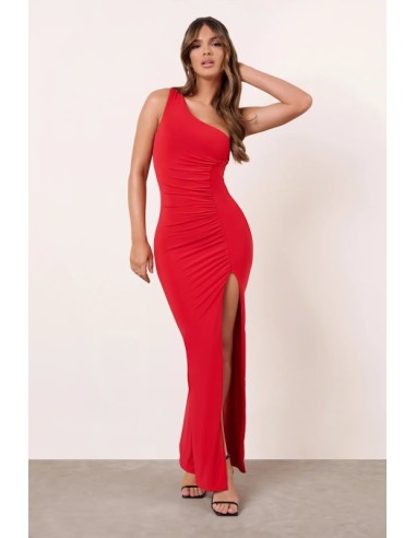 One Shoulder Ruched Slit Red Maxi Dress