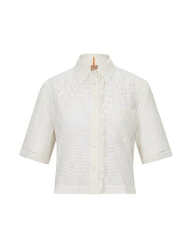Short regular-fit blouse with ruffle-trimmed placket